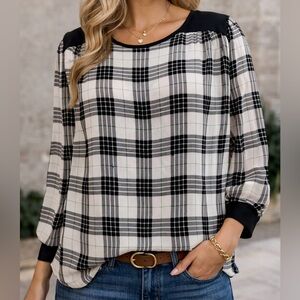 Black & White Plaid Blouse | Long Sleeve Contrast Trim X-Large